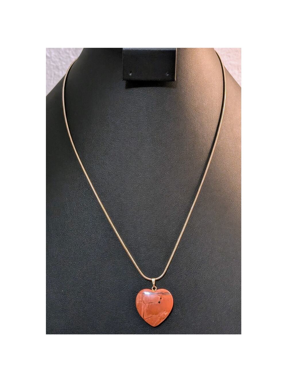 Red Jasper Stone Heart Pendant on Gold Tone Snake Chain Necklace